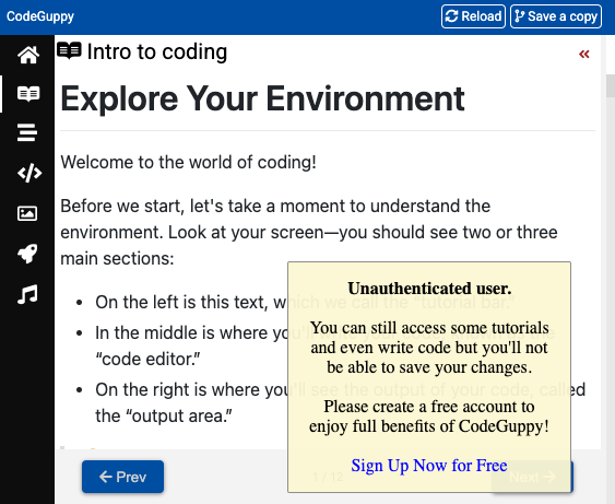 CodeGuppy website showing JavaScript coding lessons and project thumbnails