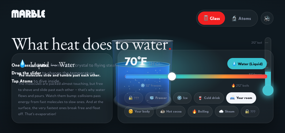 Marble Water Lab interface showing a glass of water, temperature slider, and liquid water state label