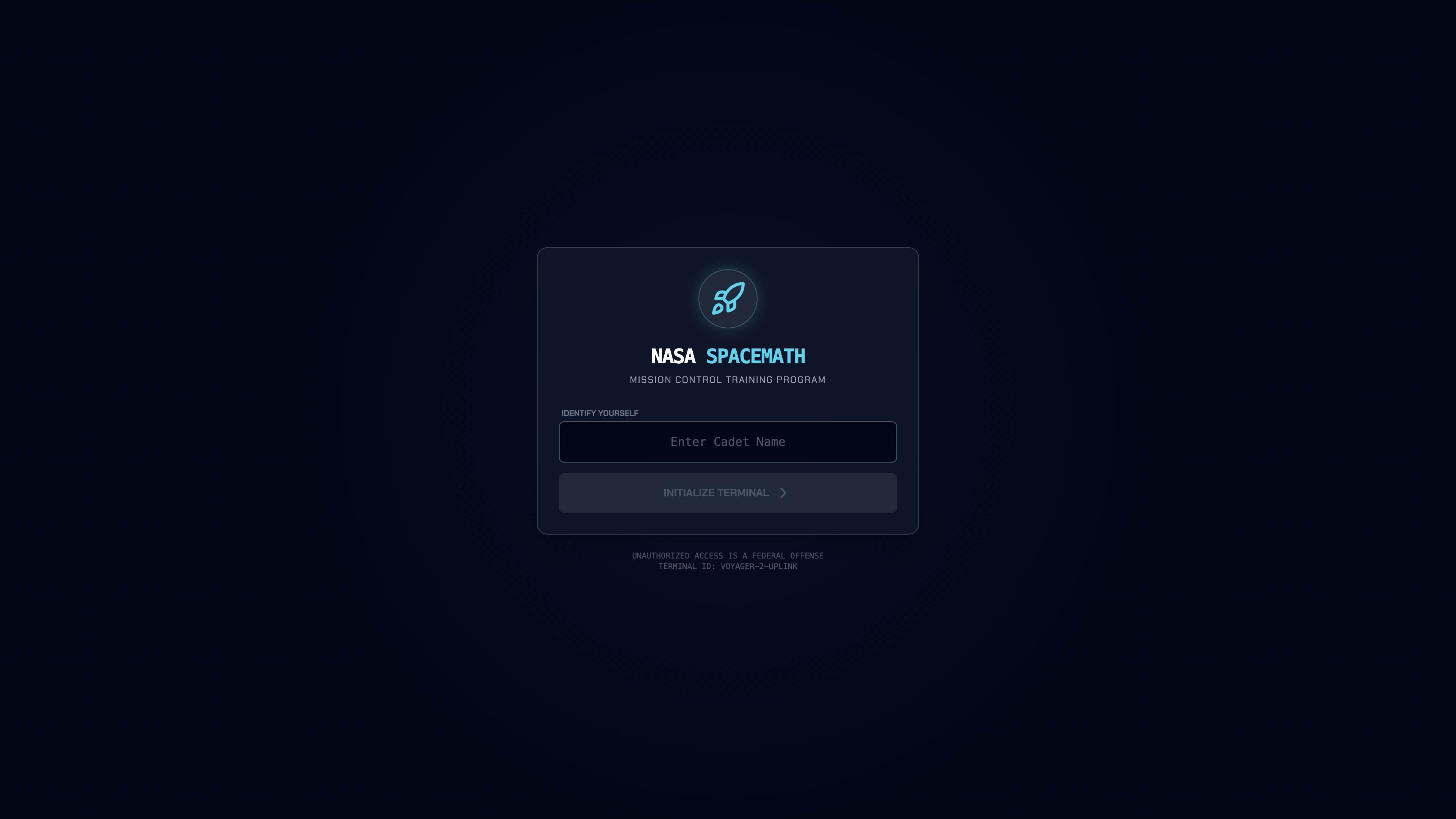 Space Math Academy mission control login screen with NASA SpaceMath branding